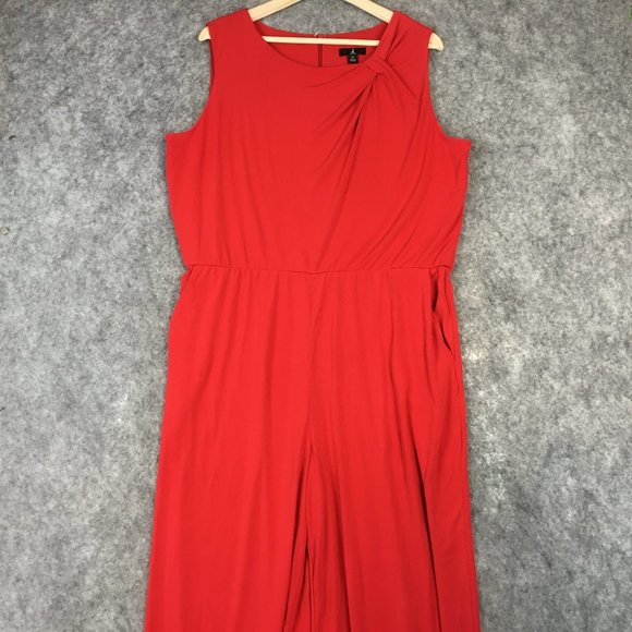 J Jason Wu Jumpsuit XL Solid Red Sleeveless City Knit Pockets Wide Leg Ruched - Picture 5 of 16
